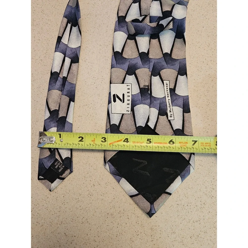 Ziggurat Mulberry Neckwear Mens Silk Tie Blue Taupe Geometric Fan Art Deco 4